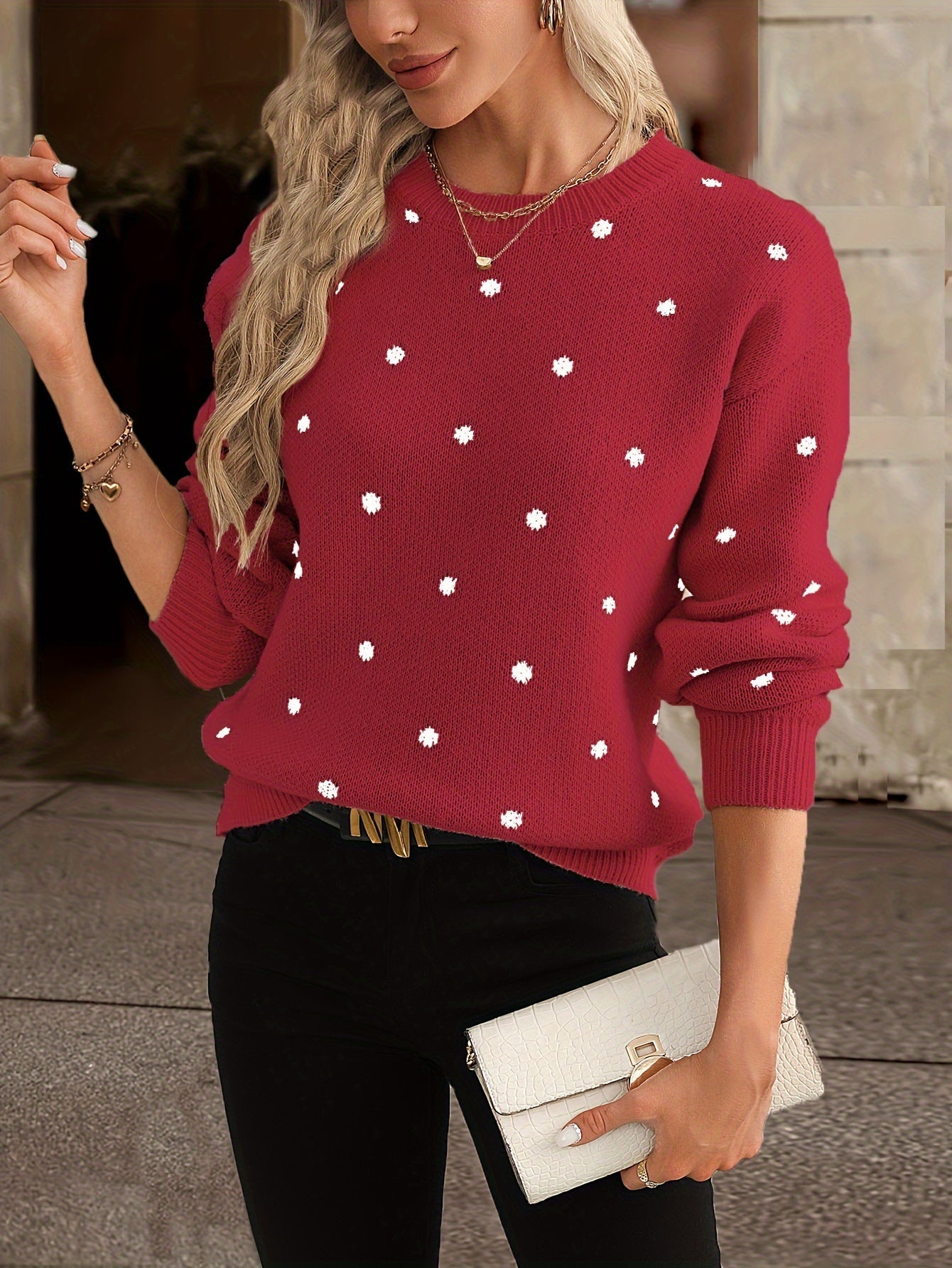 Women's Knitted Sweater - Crew Neck - Polka Dot Design - Long Sleeve Relaxed Fit