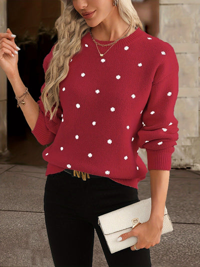 Women's Knitted Sweater - Crew Neck - Polka Dot Design - Long Sleeve Relaxed Fit