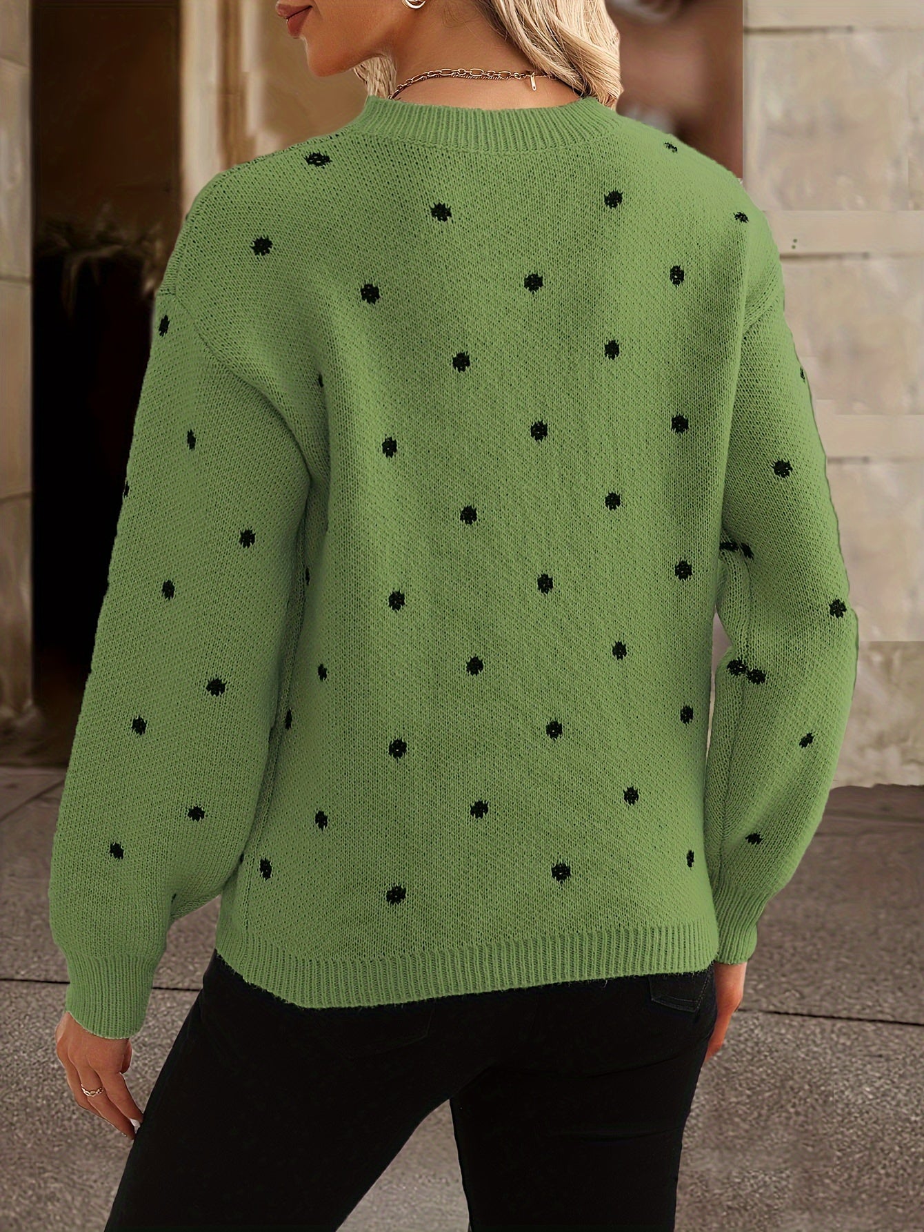 Women's Knitted Sweater - Crew Neck - Polka Dot Design - Long Sleeve Relaxed Fit