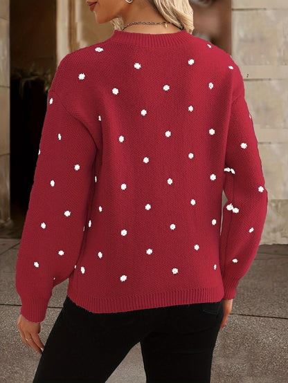 Women's Knitted Sweater - Crew Neck - Polka Dot Design - Long Sleeve Relaxed Fit