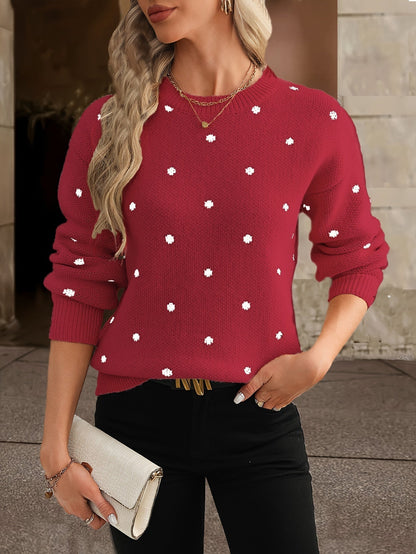 Women's Knitted Sweater - Crew Neck - Polka Dot Design - Long Sleeve Relaxed Fit