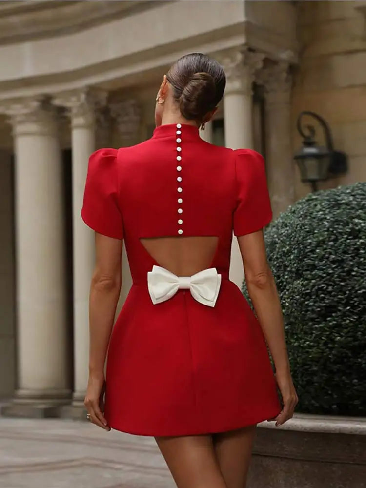 Elegant Hollow Tie Red Party Mini Dress – Timeless Summer Style