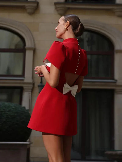 Elegant Hollow Tie Red Party Mini Dress – Timeless Summer Style