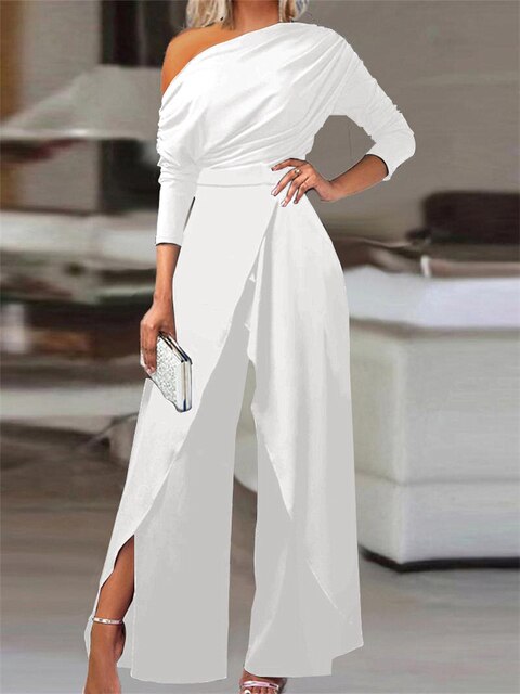 Women's Jumpsuit - Off-Shoulder Elegant Design - Long Sleeve Wide-Leg - Cinched Waist