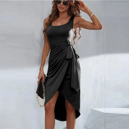 Women's Asymmetric Wrap Dress - Sleeveless Fitted Design - Tie Waist Elegant Fit