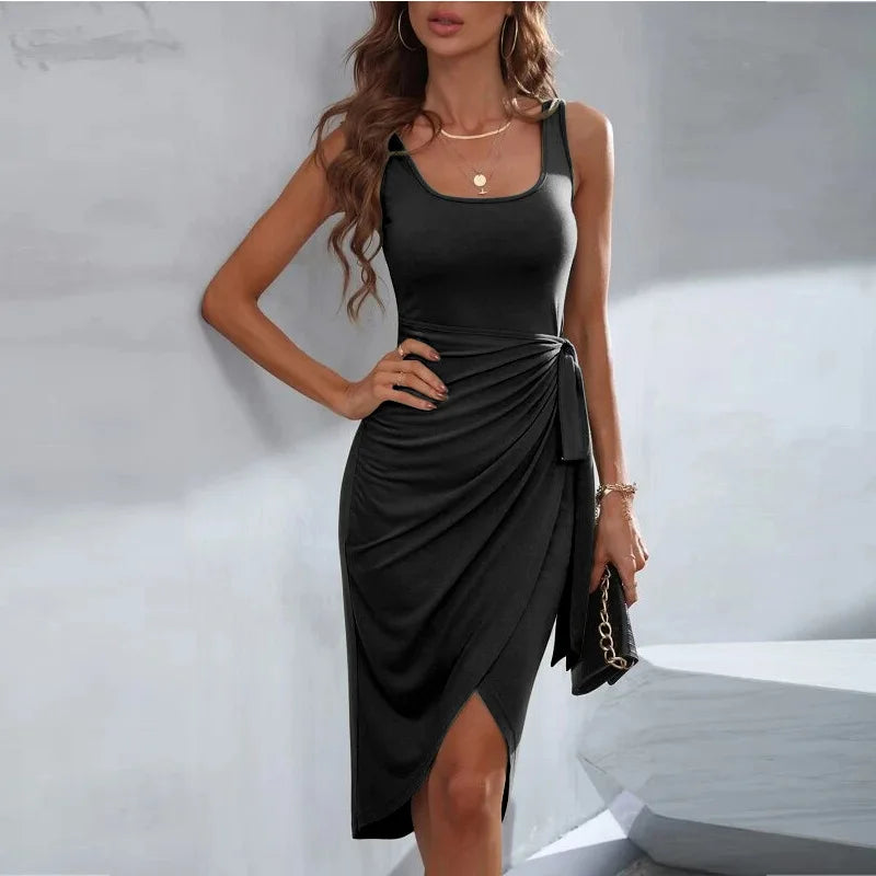 Women's Asymmetric Wrap Dress - Sleeveless Fitted Design - Tie Waist Elegant Fit