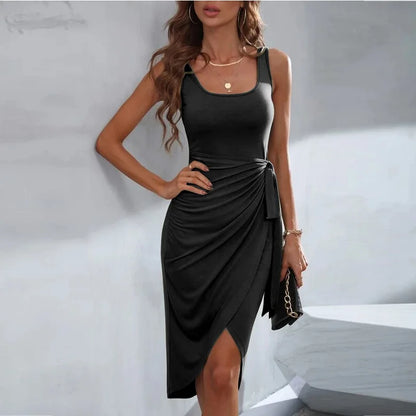 Women's Asymmetric Wrap Dress - Sleeveless Fitted Design - Tie Waist Elegant Fit