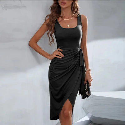 Women's Asymmetric Wrap Dress - Sleeveless Fitted Design - Tie Waist Elegant Fit