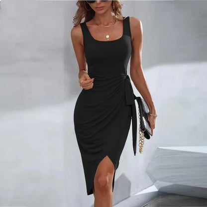 Women's Asymmetric Wrap Dress - Sleeveless Fitted Design - Tie Waist Elegant Fit