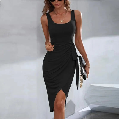 Women's Asymmetric Wrap Dress - Sleeveless Fitted Design - Tie Waist Elegant Fit