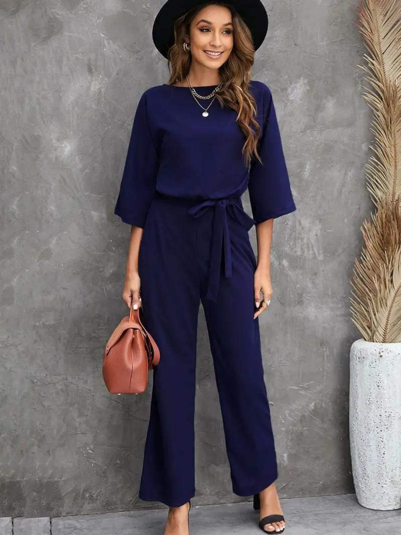 Women's Linen Jumpsuit - Wide Leg - Belted Waist - Three-Quarter Sleeve Elegant Fit