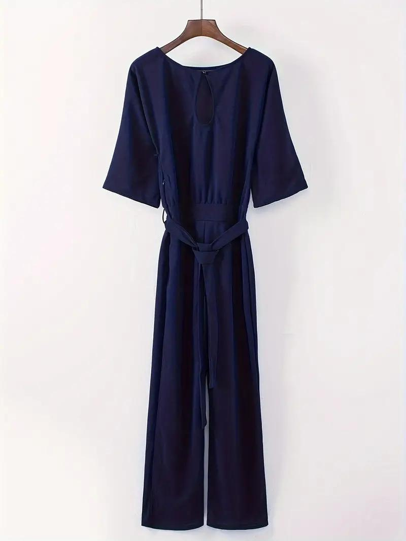 Women's Linen Jumpsuit - Wide Leg - Belted Waist - Three-Quarter Sleeve Elegant Fit