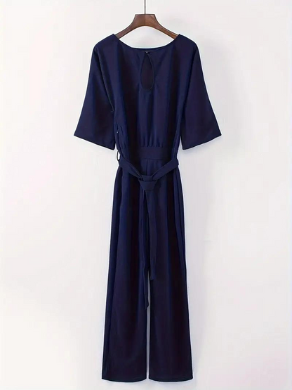 Women's Linen Jumpsuit - Wide Leg - Belted Waist - Three-Quarter Sleeve Elegant Fit