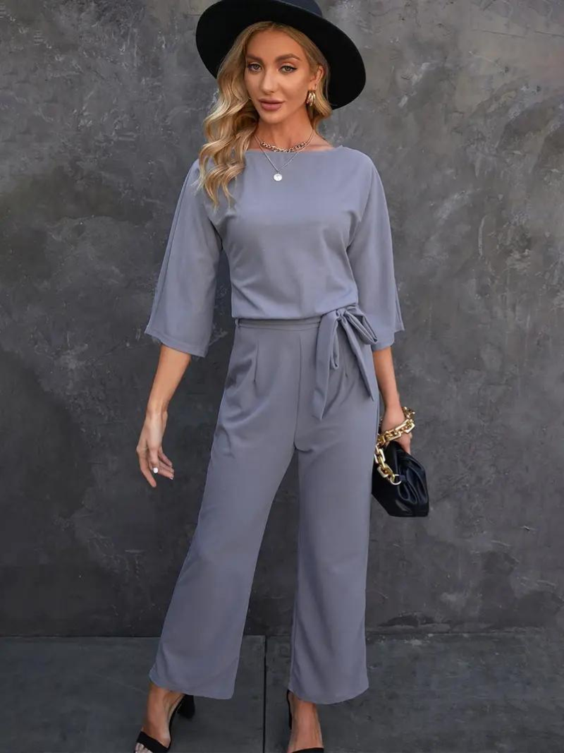 Women's Linen Jumpsuit - Wide Leg - Belted Waist - Three-Quarter Sleeve Elegant Fit