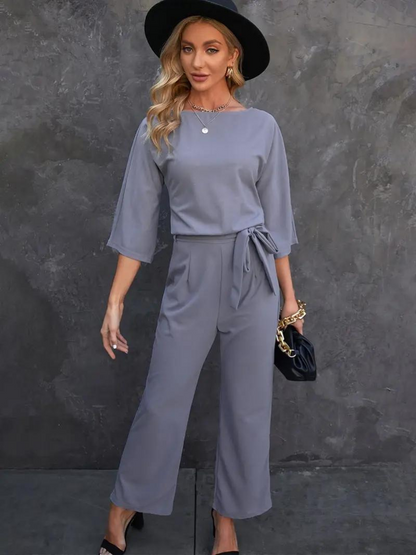 Women's Linen Jumpsuit - Wide Leg - Belted Waist - Three-Quarter Sleeve Elegant Fit