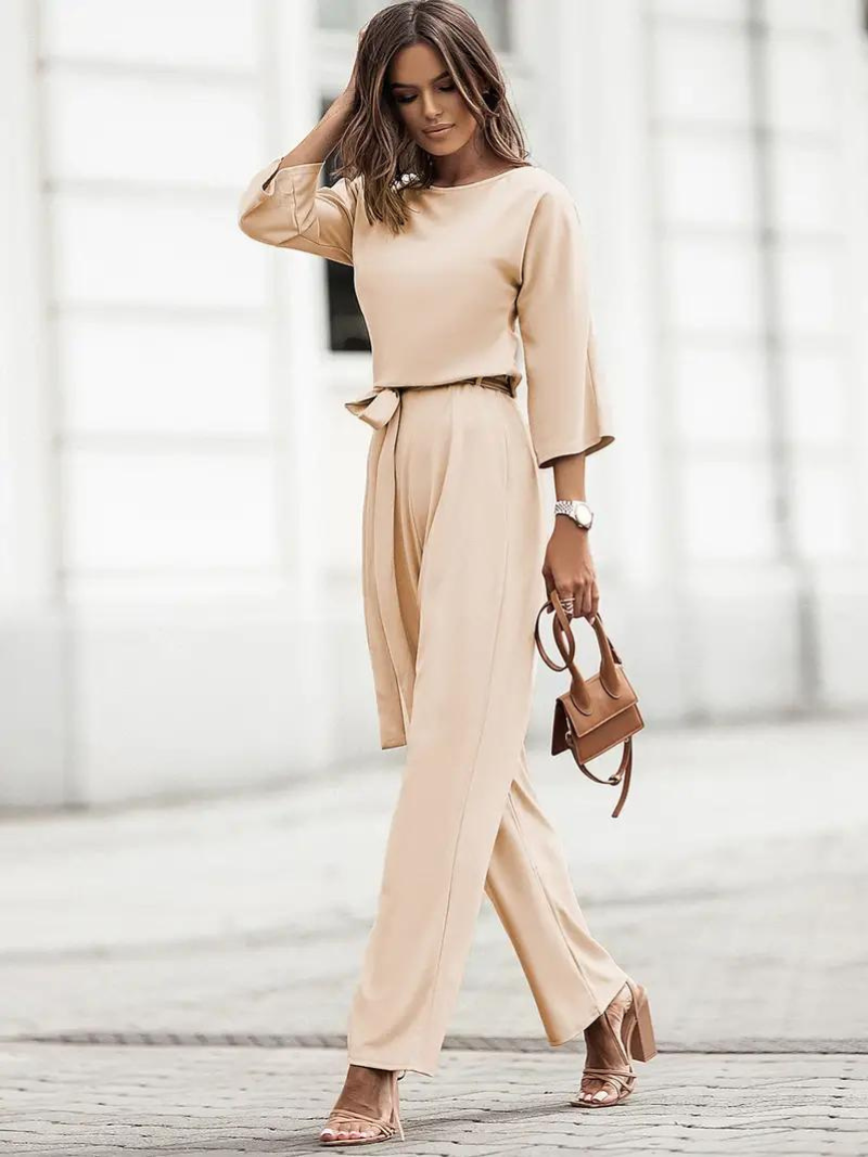 Women's Linen Jumpsuit - Wide Leg - Belted Waist - Three-Quarter Sleeve Elegant Fit