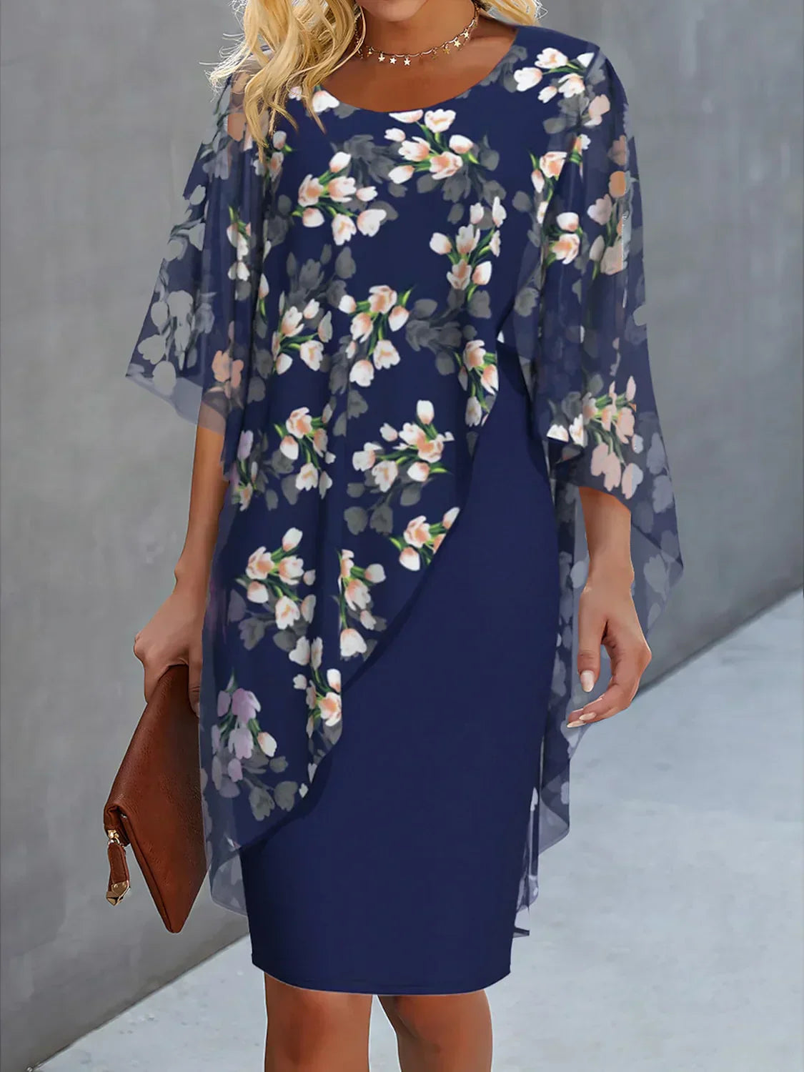 Women’s Knee-Length Dress – Relaxed Fit – Floral Print – Asymmetrical Overlay – Breathable Fabric