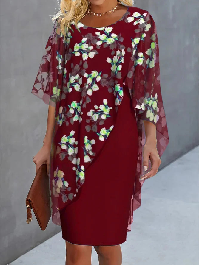 Women’s Knee-Length Dress – Relaxed Fit – Floral Print – Asymmetrical Overlay – Breathable Fabric