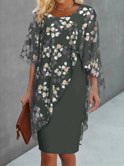 Women’s Knee-Length Dress – Relaxed Fit – Floral Print – Asymmetrical Overlay – Breathable Fabric