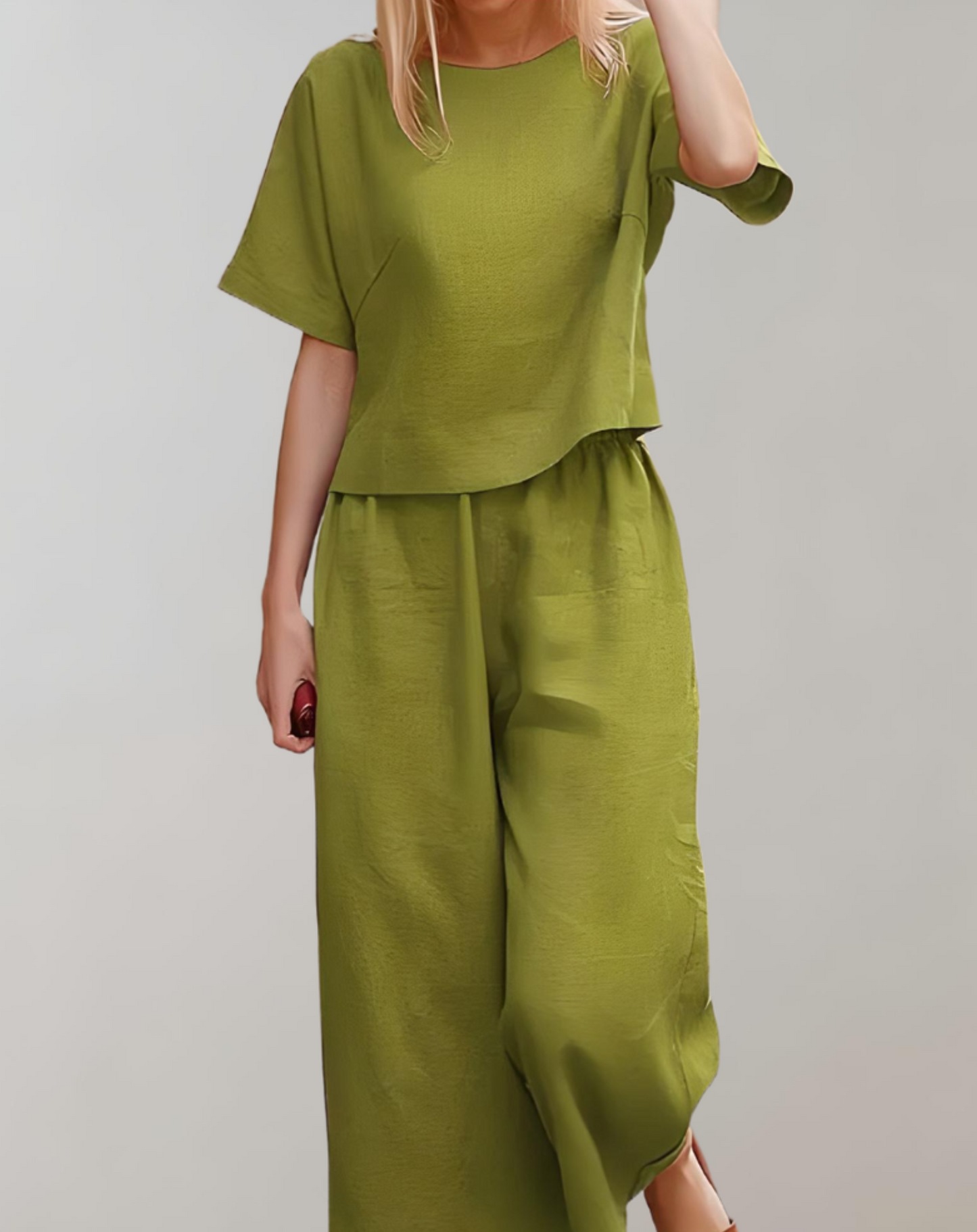 Women's Loungewear Set - Relaxed Fit - Cropped Short Sleeve Top & Wide-Leg Trousers