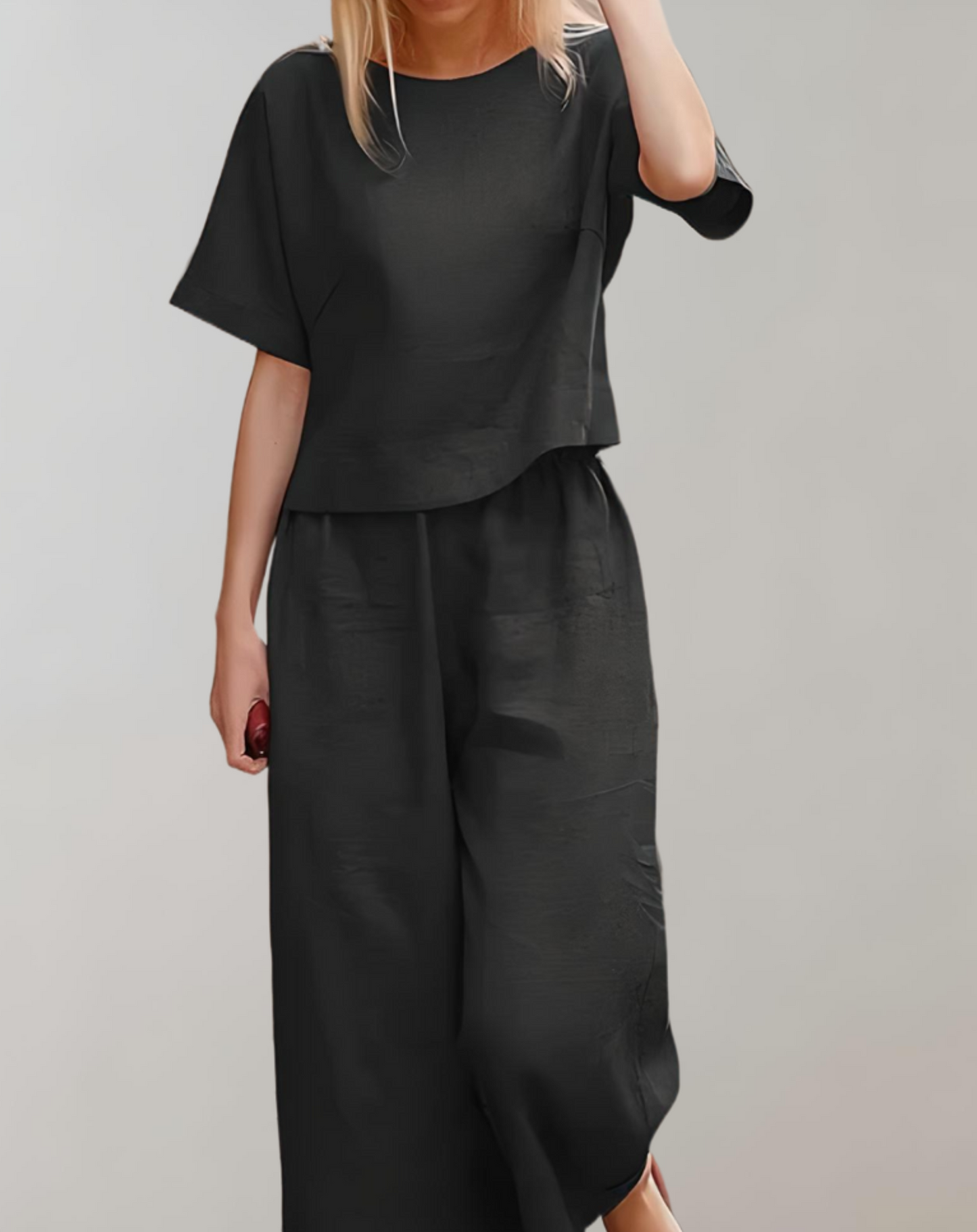 Women's Loungewear Set - Relaxed Fit - Cropped Short Sleeve Top & Wide-Leg Trousers