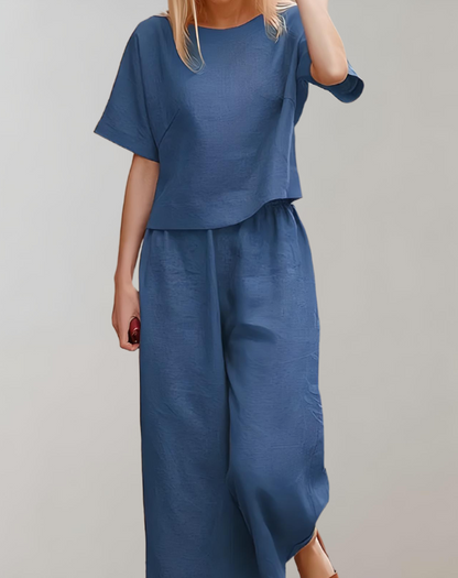 Women's Loungewear Set - Relaxed Fit - Cropped Short Sleeve Top & Wide-Leg Trousers