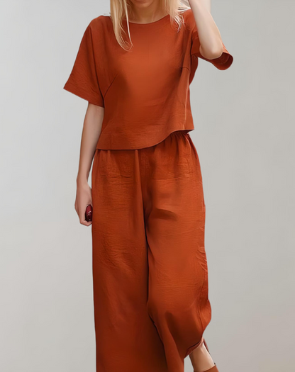 Women's Loungewear Set - Relaxed Fit - Cropped Short Sleeve Top & Wide-Leg Trousers