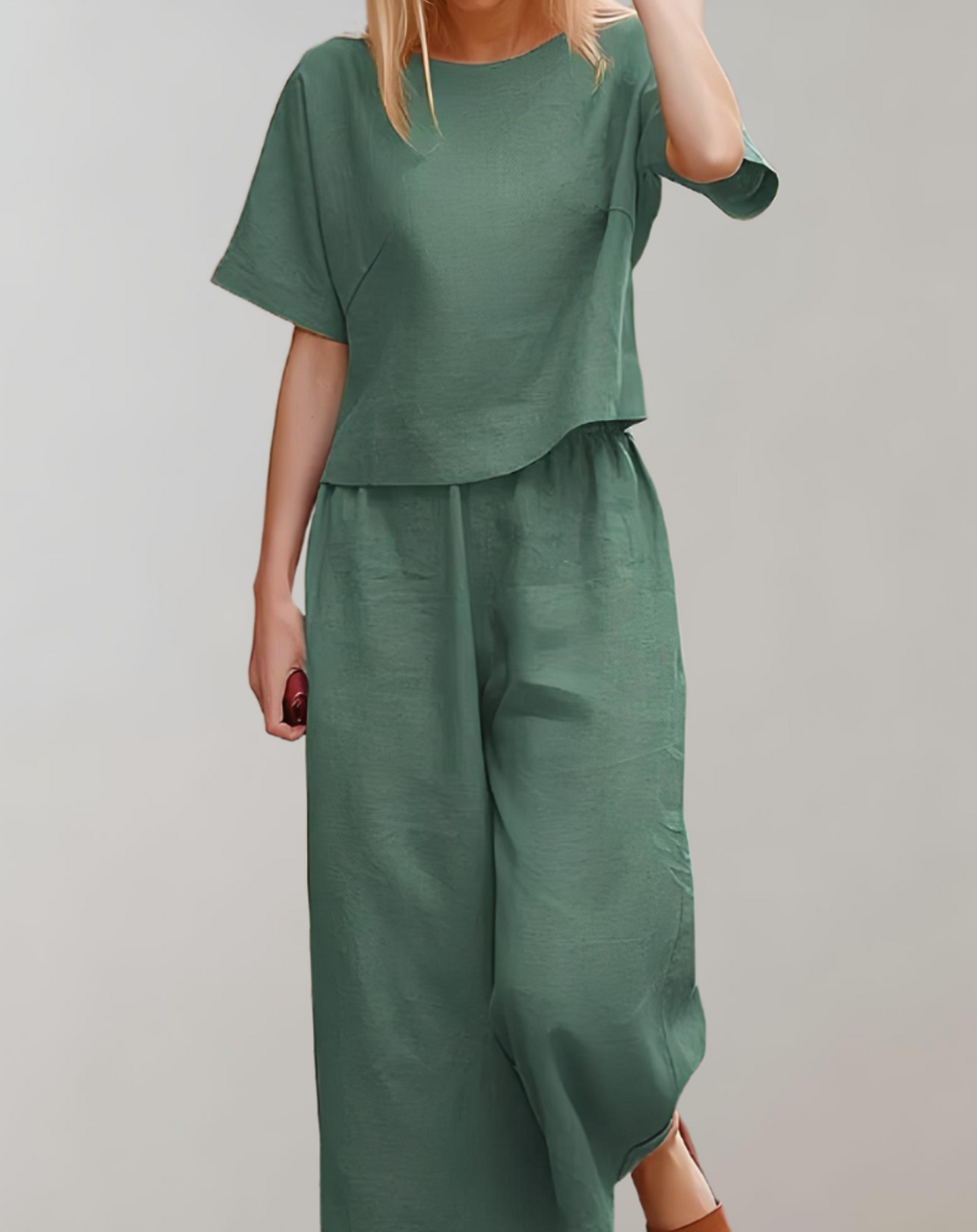 Women's Loungewear Set - Relaxed Fit - Cropped Short Sleeve Top & Wide-Leg Trousers