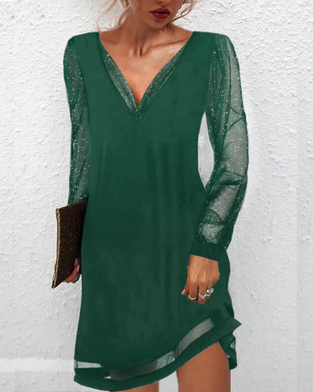 Women's Formal Dress - Deep V-Neck - Sheer Glitter Long Sleeve - Asymmetrical Hem