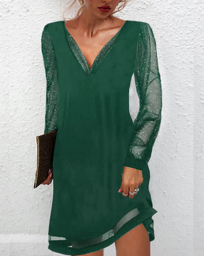 Women's Formal Dress - Deep V-Neck - Sheer Glitter Long Sleeve - Asymmetrical Hem