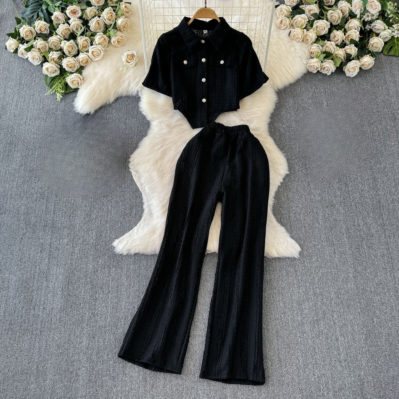 Women's Co-Ord Set - Cropped Button-Up Shirt & Wide-Leg Trousers - Relaxed Fit