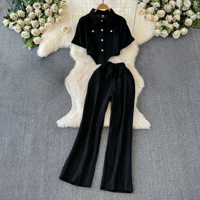 Women's Co-Ord Set - Cropped Button-Up Shirt & Wide-Leg Trousers - Relaxed Fit