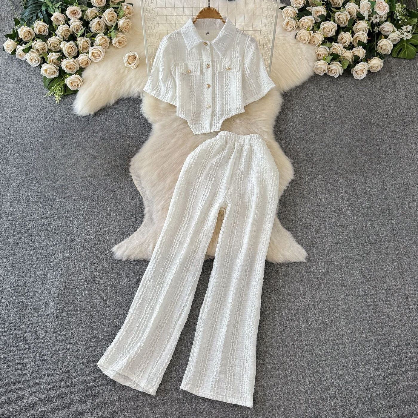 Women's Co-Ord Set - Cropped Button-Up Shirt & Wide-Leg Trousers - Relaxed Fit