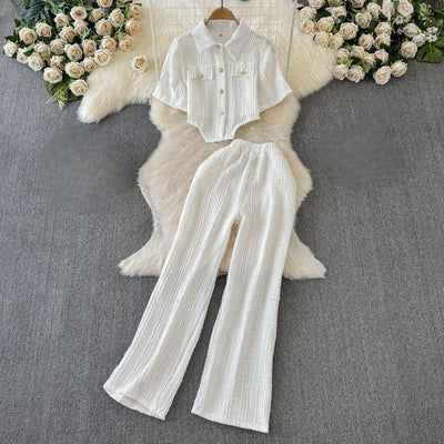 Women's Co-Ord Set - Cropped Button-Up Shirt & Wide-Leg Trousers - Relaxed Fit