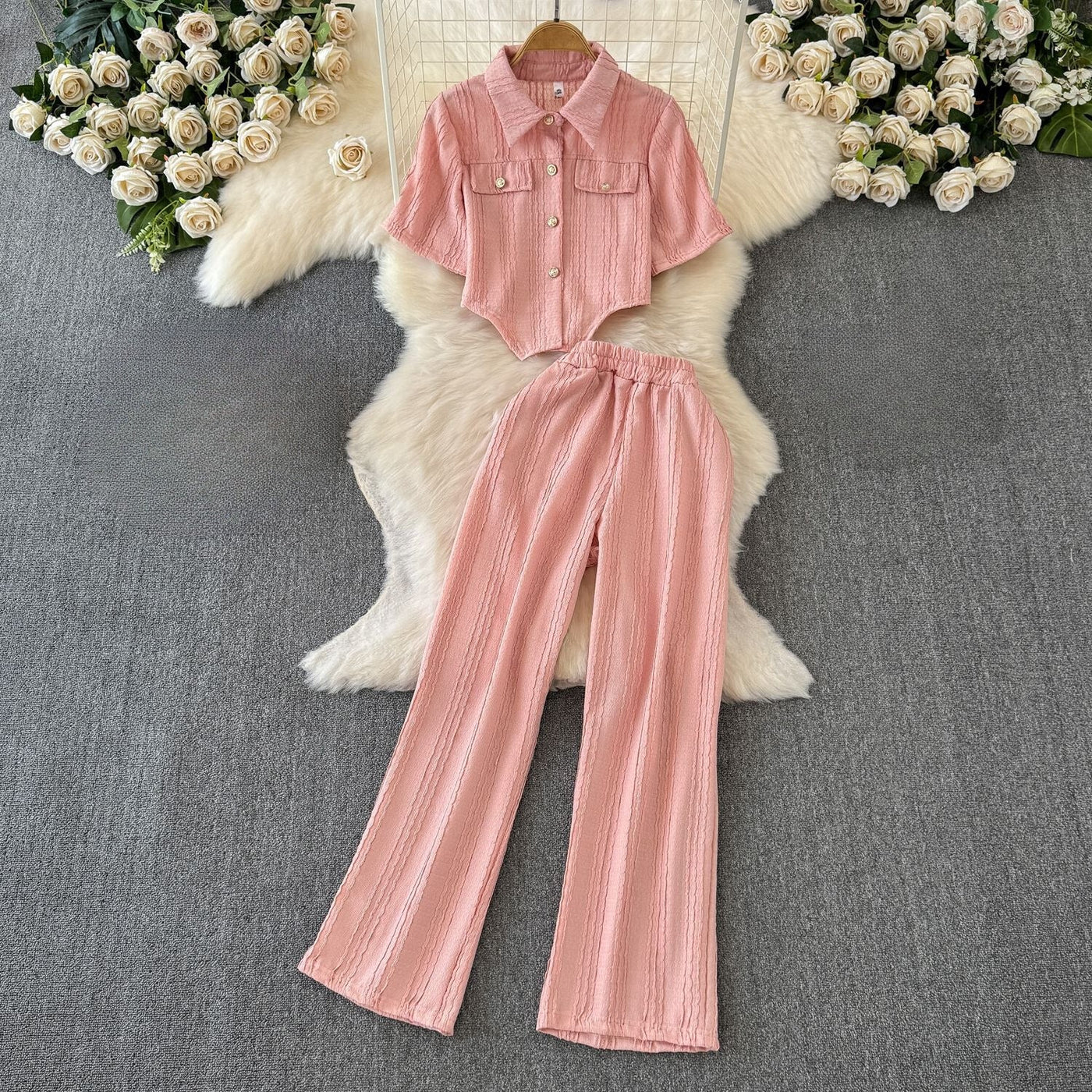 Women's Co-Ord Set - Cropped Button-Up Shirt & Wide-Leg Trousers - Relaxed Fit