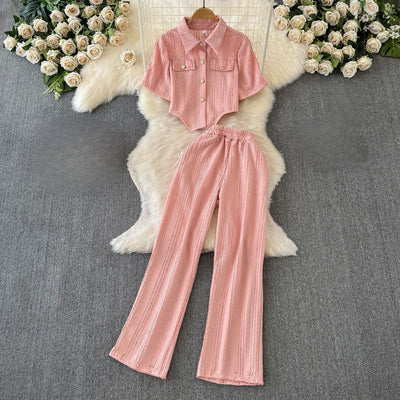 Women's Co-Ord Set - Cropped Button-Up Shirt & Wide-Leg Trousers - Relaxed Fit