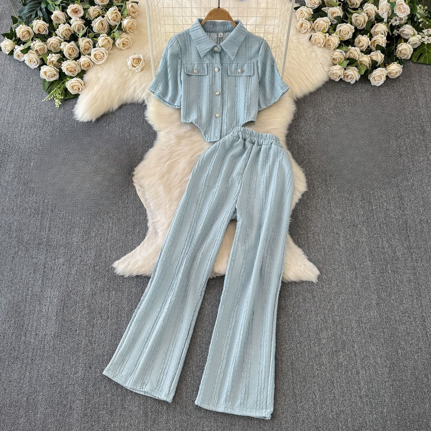 Women's Co-Ord Set - Cropped Button-Up Shirt & Wide-Leg Trousers - Relaxed Fit
