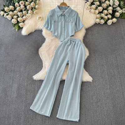 Women's Co-Ord Set - Cropped Button-Up Shirt & Wide-Leg Trousers - Relaxed Fit