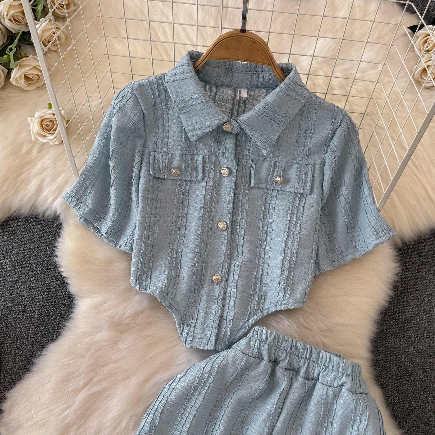 Women's Co-Ord Set - Cropped Button-Up Shirt & Wide-Leg Trousers - Relaxed Fit