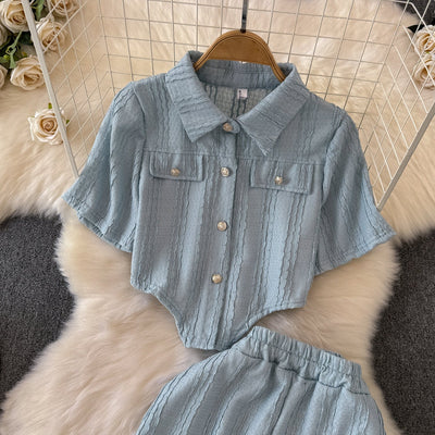Women's Co-Ord Set - Cropped Button-Up Shirt & Wide-Leg Trousers - Relaxed Fit