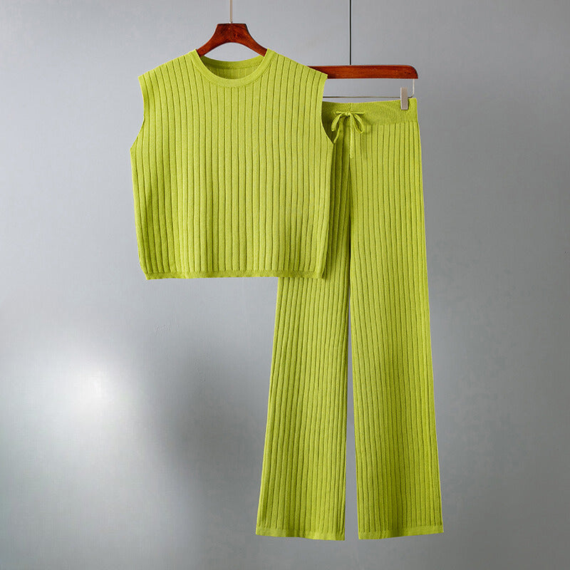 Women's Two-Piece Knit Set - Sleeveless Top & Wide-Leg Trousers - Elastic Waist