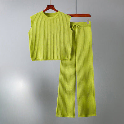 Women's Two-Piece Knit Set - Sleeveless Top & Wide-Leg Trousers - Elastic Waist