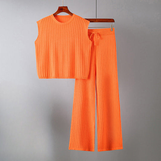 Women's Two-Piece Knit Set - Sleeveless Top & Wide-Leg Trousers - Elastic Waist