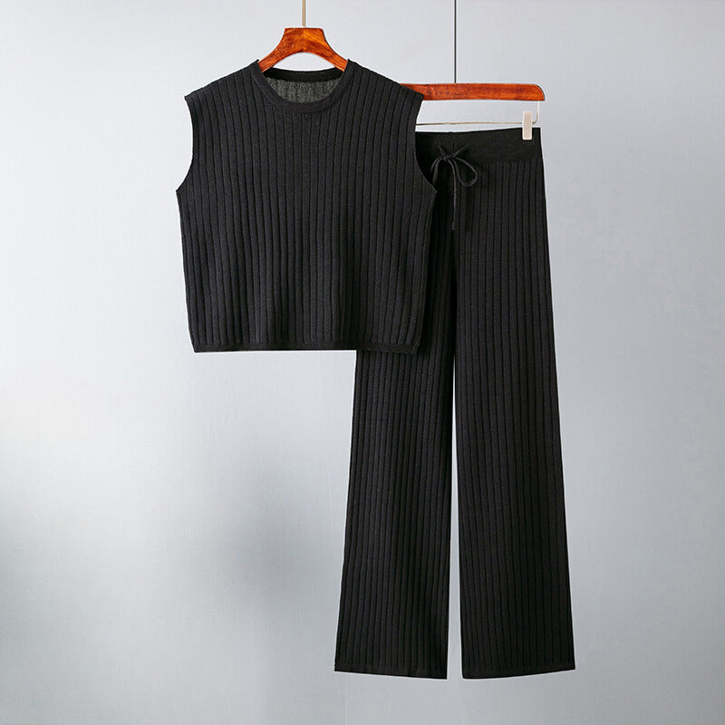 Women's Two-Piece Knit Set - Sleeveless Top & Wide-Leg Trousers - Elastic Waist