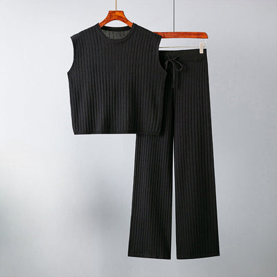 Women's Two-Piece Knit Set - Sleeveless Top & Wide-Leg Trousers - Elastic Waist
