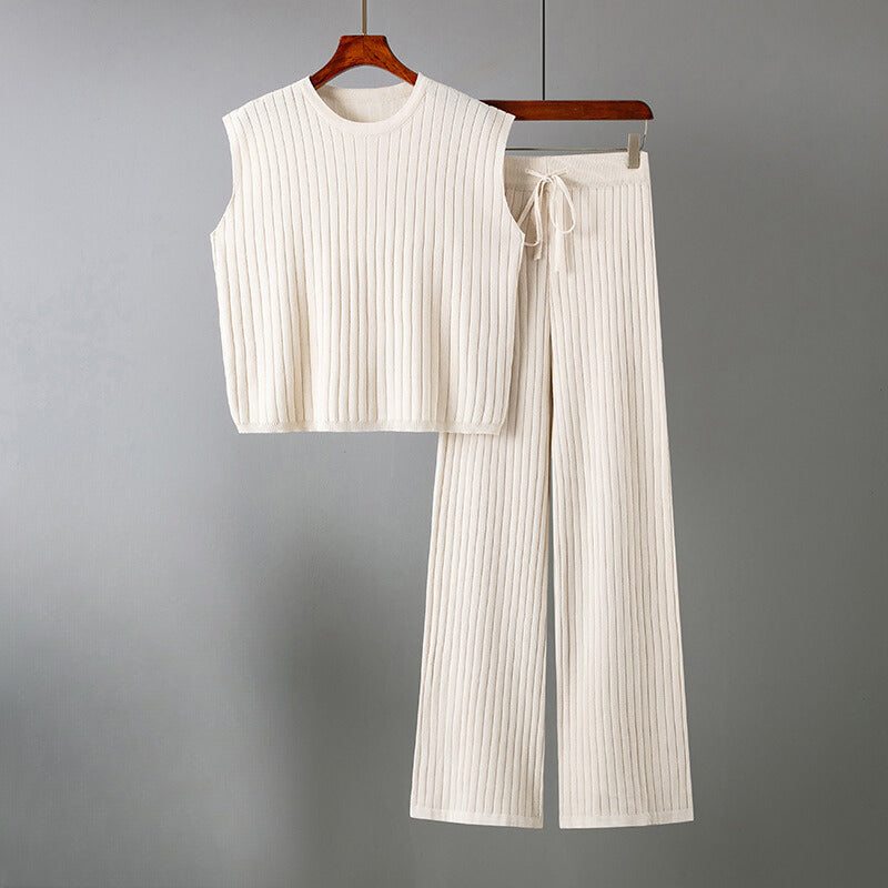 Women's Two-Piece Knit Set - Sleeveless Top & Wide-Leg Trousers - Elastic Waist