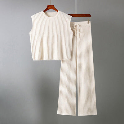 Women's Two-Piece Knit Set - Sleeveless Top & Wide-Leg Trousers - Elastic Waist