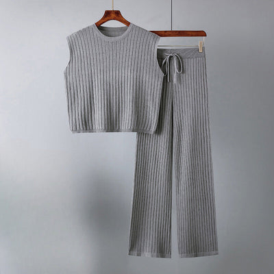 Women's Two-Piece Knit Set - Sleeveless Top & Wide-Leg Trousers - Elastic Waist