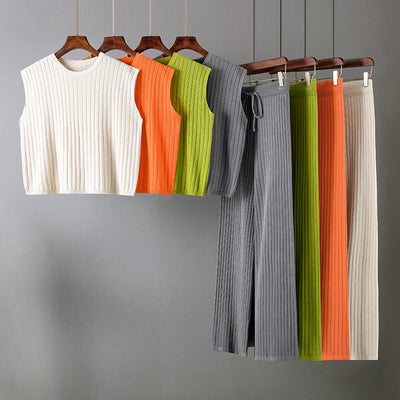 Women's Two-Piece Knit Set - Sleeveless Top & Wide-Leg Trousers - Elastic Waist