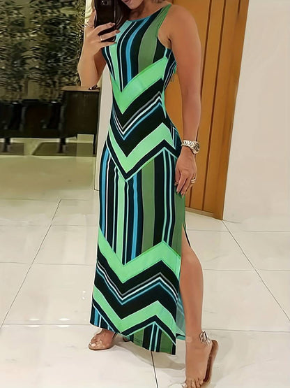 Women's Maxi Dress - Sleeveless Crew Neck - Chevron Stripe - High Side Slit